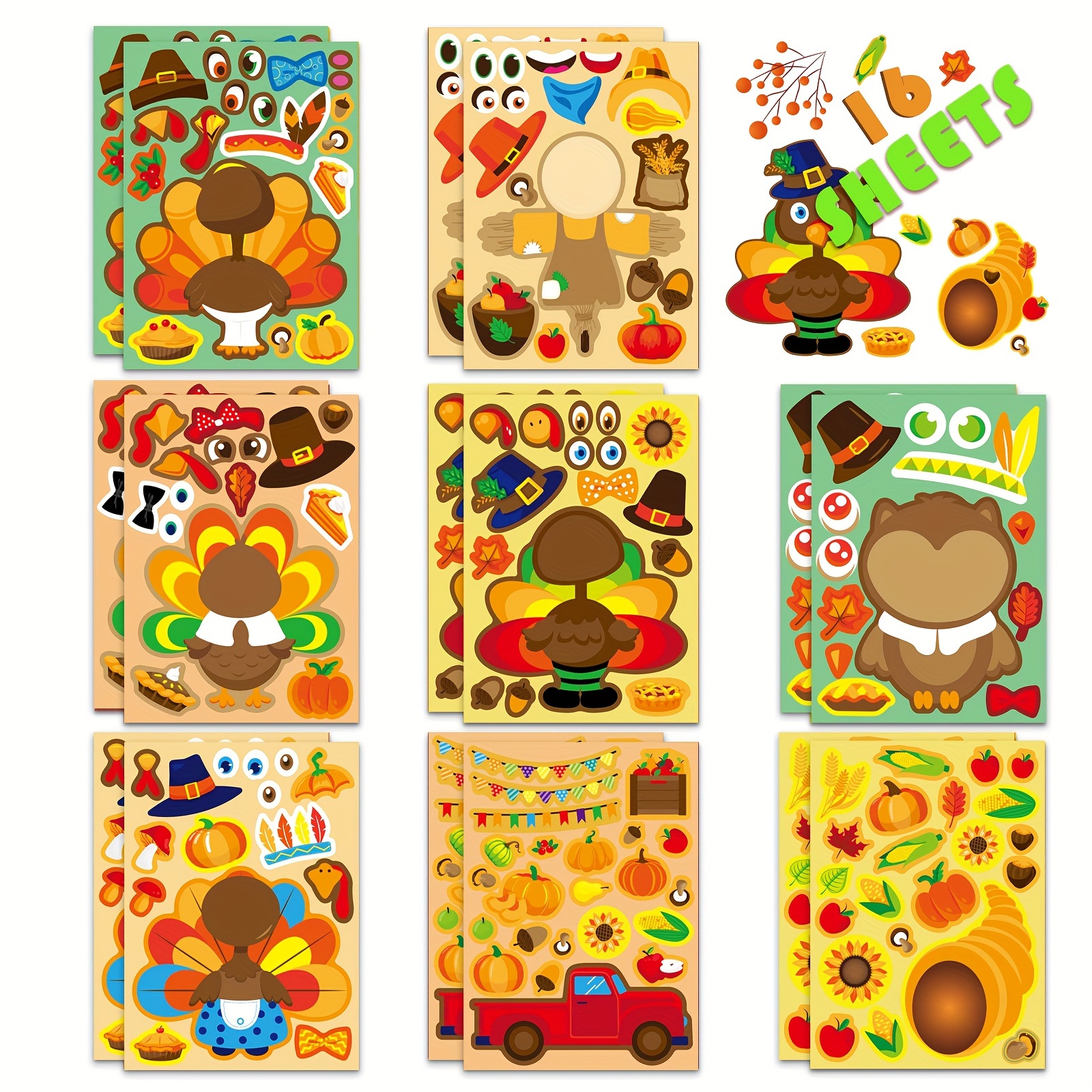 Art And Craft Autumn - 8/16Sheets Thanksgiving Turkey Stickers Kids Make-a-Face