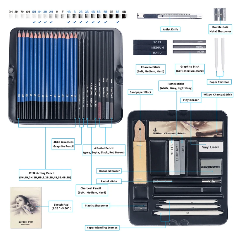50 Pcs Sketching Pencil Set Wo - Sketching Charcoal Set avis et prix